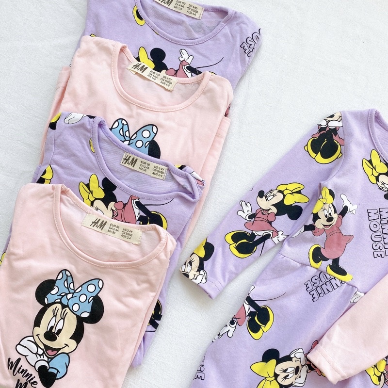 Set 2 váy cotton dài tay hình minn.ie cho bé gái màu tím hồng cân nặng từ 12-32 cân
