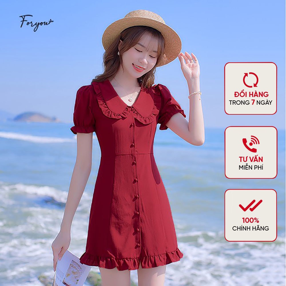 Váy đỏ đô FORYOU đầm cổ sen bèo tay bồng cúc giữa nhún bèo chân váy - Suri Dress