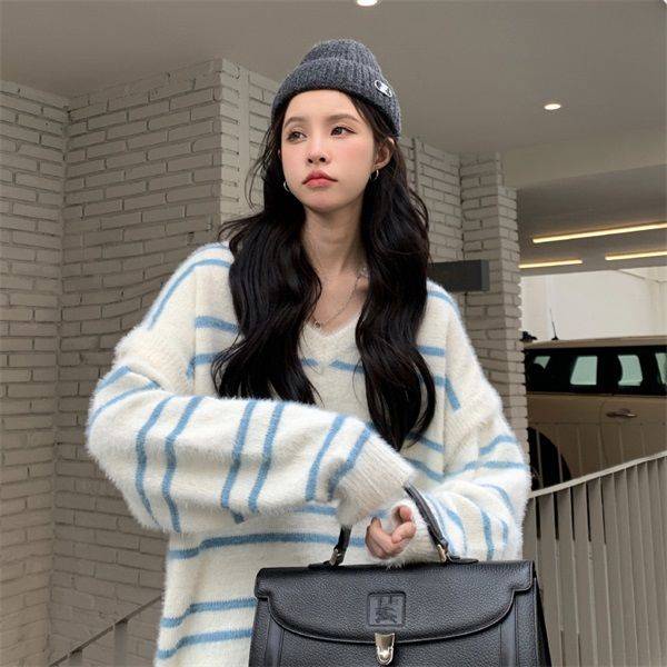 Áo Len Họa Tiết Kẻ Sọc Màu Sắc Tương Phản Thời Trang Thu Đông