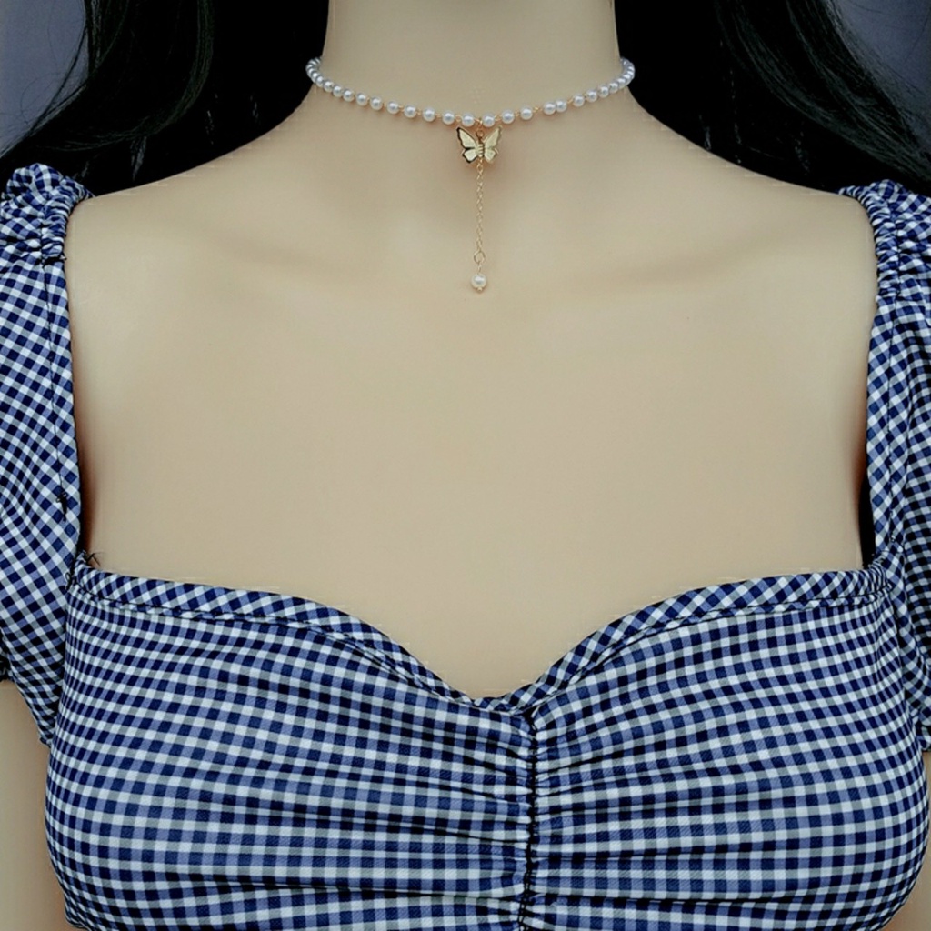 Vòng cổ dây chuyền bướm ngọc trai nhân tạo treo dài
