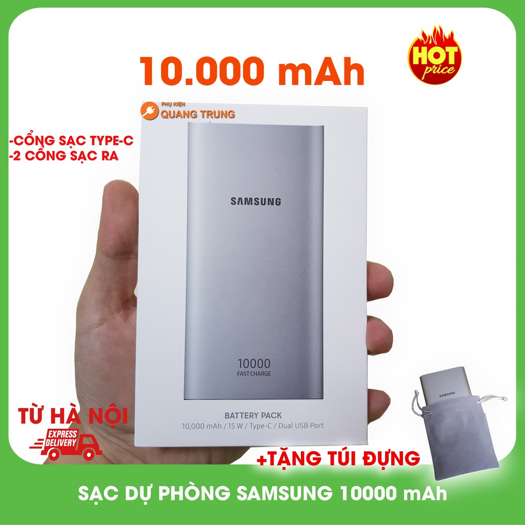 Sạc dự phòng samsung 10000 mAh,EB-P1100C,có sạc nhanh 2 cổng,tặng túi vải