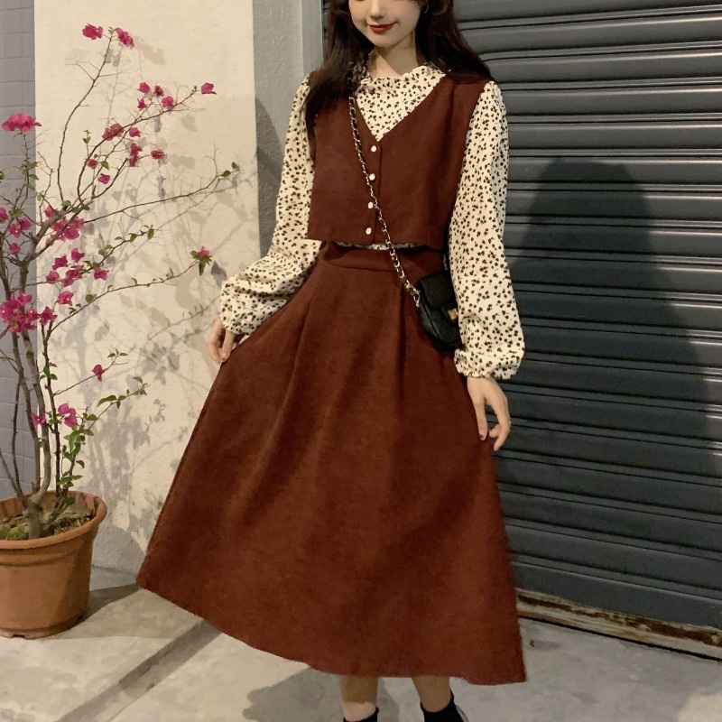Đầm PERTY giả hai lớp eo cao tay dài phối họa tiết hoa thời trang thu đông Hàn Quốc mới dành cho nữ