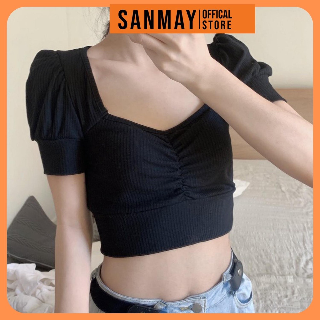 Áo Croptop Nữ Tay Ngắn Ôm Body SANMAY Áo Thun Croptop Tay Phồng Cổ Vuông Đẹp, Kiểu Ulzzang Sexy 5 Màu Đen Trắng AO012