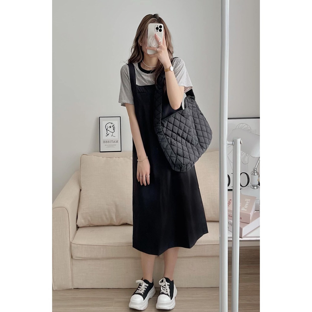 Set váy yếm kaki kèm áo thun kẻ co dãn chất đẹp hai màu