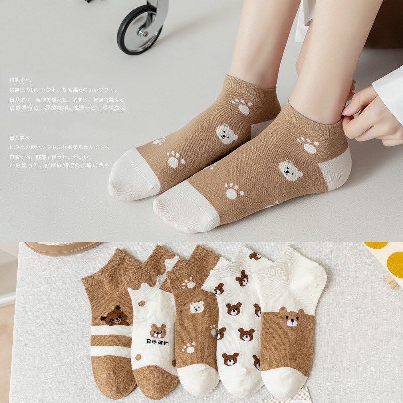 Set 5 Đôi Tất Cotton Mềm Mại Thoáng Khí In Hình Gấu Đáng Yêu Cho Nữ