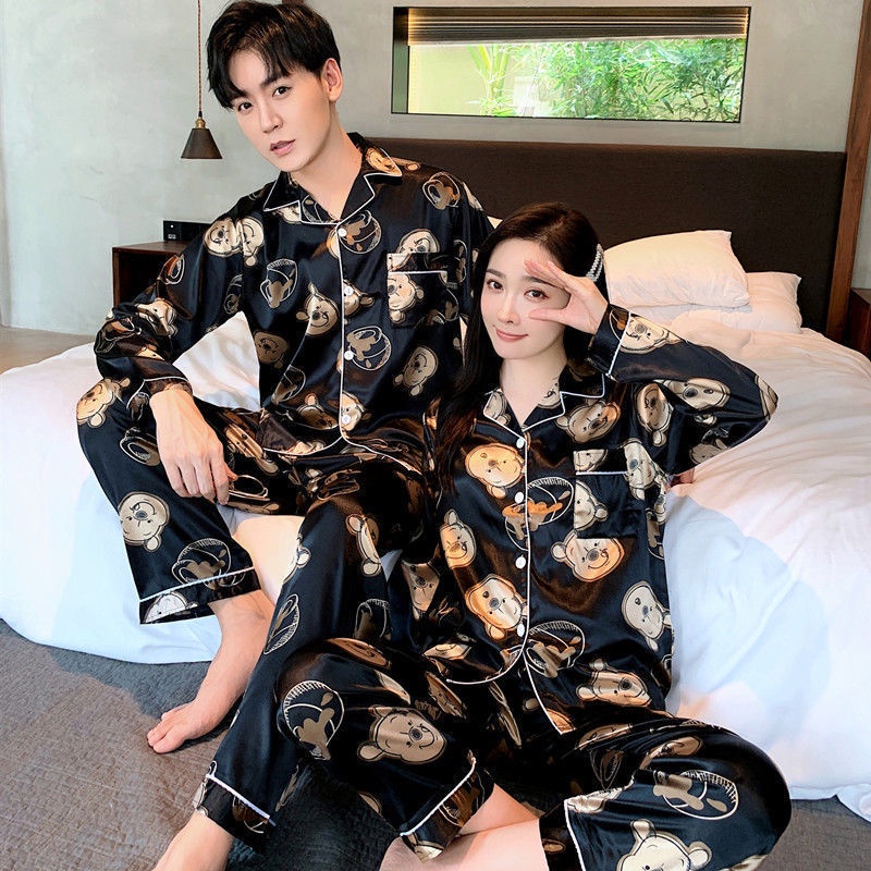 Bộ đồ ngủ tay dài chất lụa mỏng thời trang mùa xuân thu thoáng mát dành cho cặp đôi