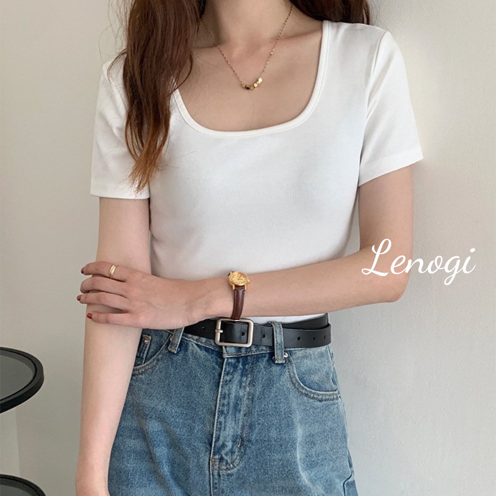 Áo phông nữ ❤️LENOGI❤️ áo cổ vuông cộc tay phom đẹp 100% cotton co giãn tốt mặc mát