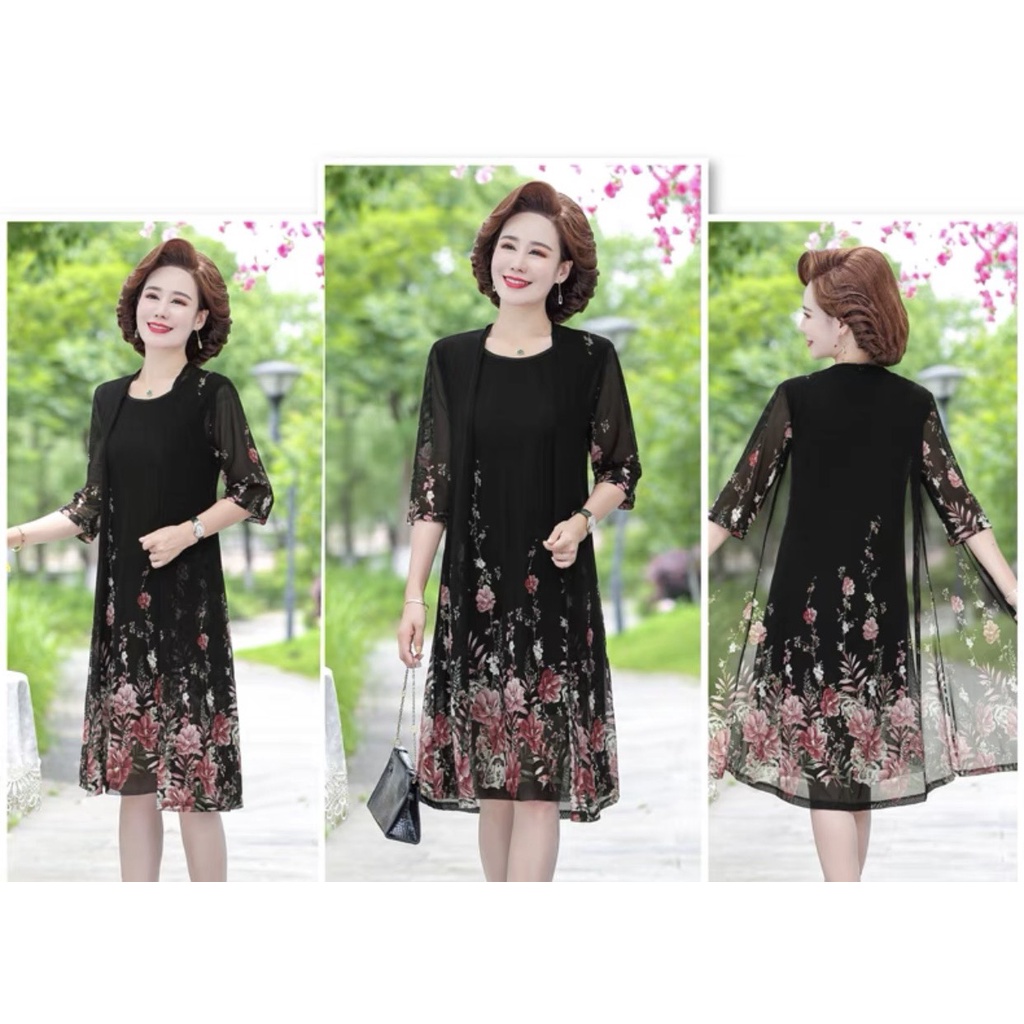 Set đầm dự tiệc trung niên nữ V50, váy voan cho mẹ dáng suông chất đẹp cao cấp sang trọng U40 U50 U60 U70 Bigsize giá rẻ