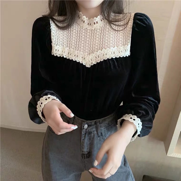 Áo Sơ Mi Tay Dài Vải Nhung Phối Ren Phong Cách Hàn Quốc Dễ Phối Đồ
