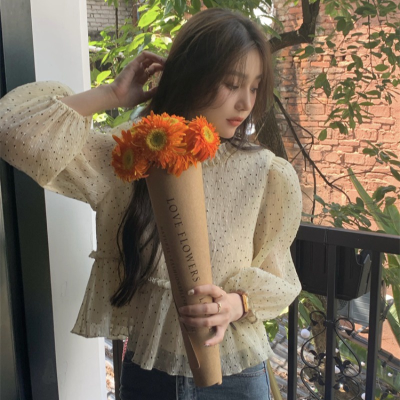 Áo sơ mi voan chấm bi nữ mùa xuân và mùa thu năm 2021