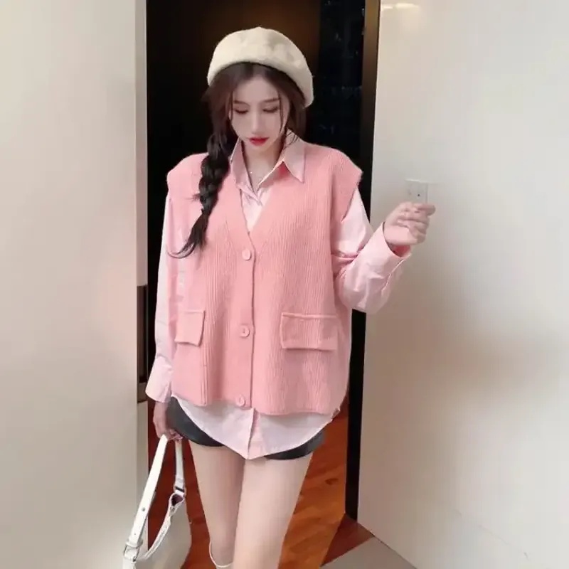 Áo Sơ Mi Tay Dài Dáng Rộng + Áo Len Dệt Kim Cổ Chữ V Phong Cách Hàn Quốc Thời Trang Xuân Thu 2022 Dành Cho Bạn Nữ