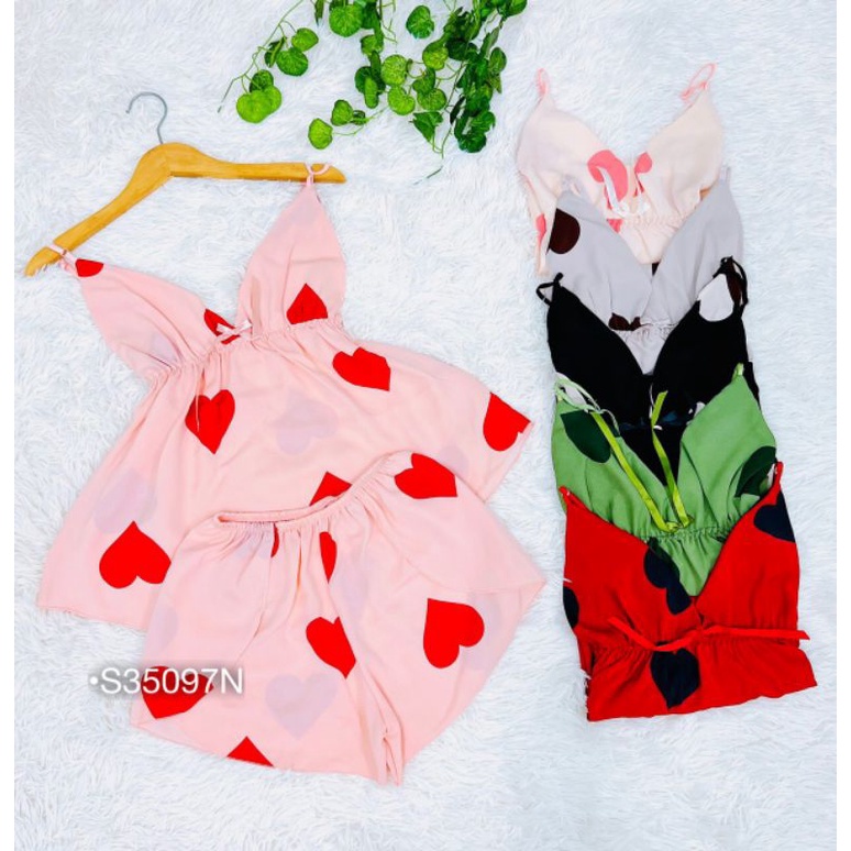 Set bộ đùi lụa Tim chun ngực, Đồ bộ ngủ mặc nhà 2 dây họa tiết
