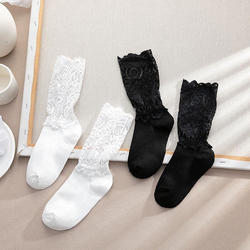 Vớ ren cotton trắng thanh lịch dài phong cách Lolita Nhật Bản cho nữ