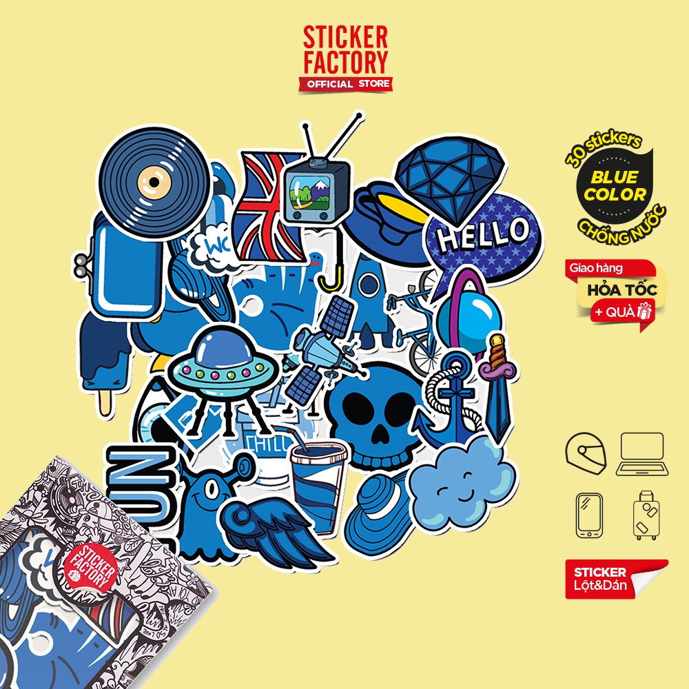 Hộp set 30 sticker decal hình dán nón bảo hiểm , laptop, xe máy, ô tô STICKER FACTORY - Blue Color