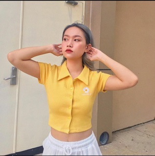 POLO DAISY Áo croptop polo thêu hoa cúc (ảnh thật)