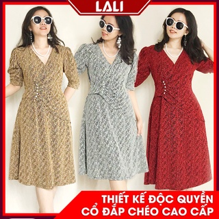 Váy trung niên cổ đắp tay phồng đính hạt thun nhũ co dãn, Đầm trung niên tay lửng LALI MS21