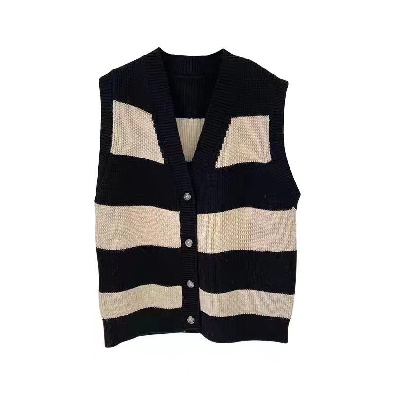 Áo Gile Len Nữ Vintage cổ v kẻ ngang mùa đông phong cách Hàn Quốc