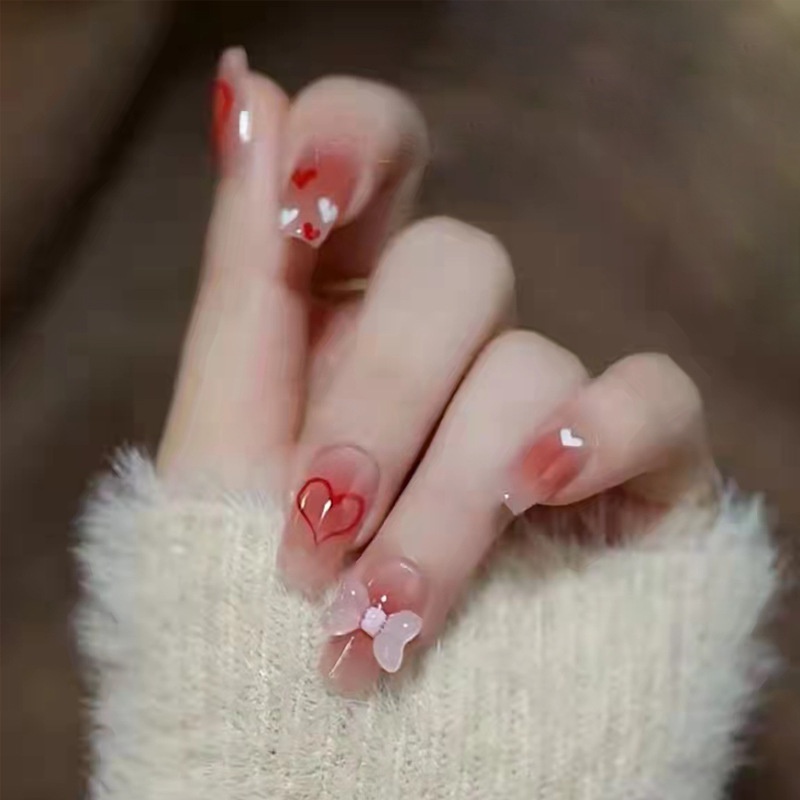 Móng tay giả đính nơ hồng trái tim tình yêu tặng keo dán z217