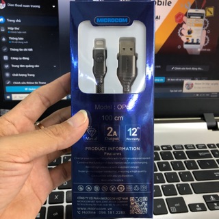 Cáp sạc iphone- cáp sạc lightning microcom- có đèn led tự ngắt- siêu bền- bảo hành