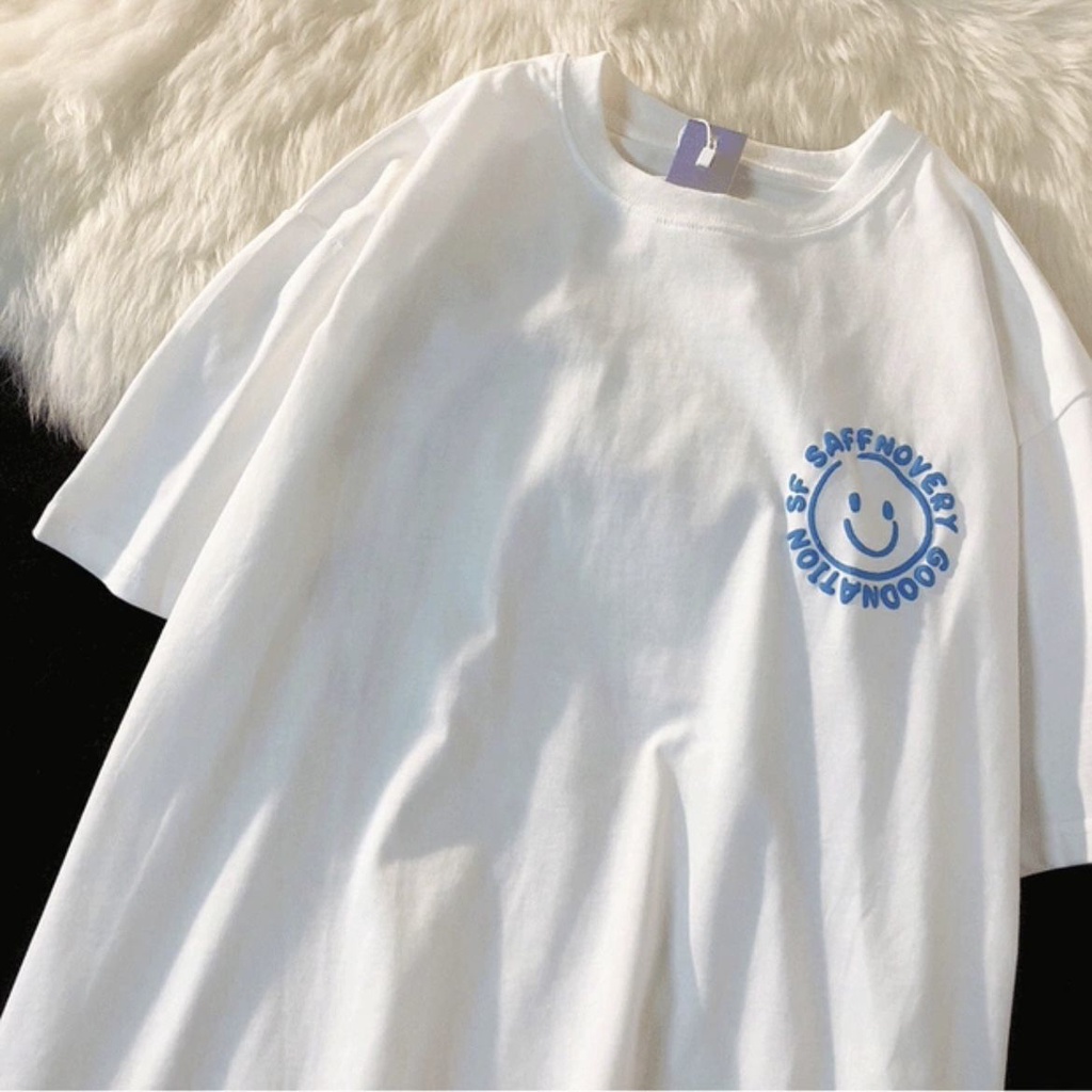 Áo Thun Cotton Tay Ngắn Dáng Rộng In Hình Mặt Cười Phong Cách Hip Hop Thời Trang