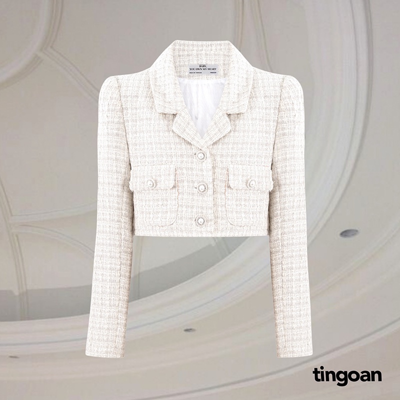 TINGOAN®  - Áo khoác tweed crop cổ bẻ trắng tingoan PINK SWEET JACKET/WH
