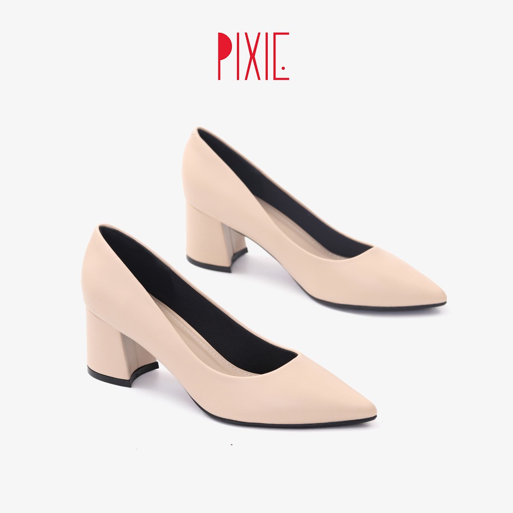 Giày Cao Gót Đế Vuông 5cm Mũi Nhọn Basic Màu Kem Pixie P055
