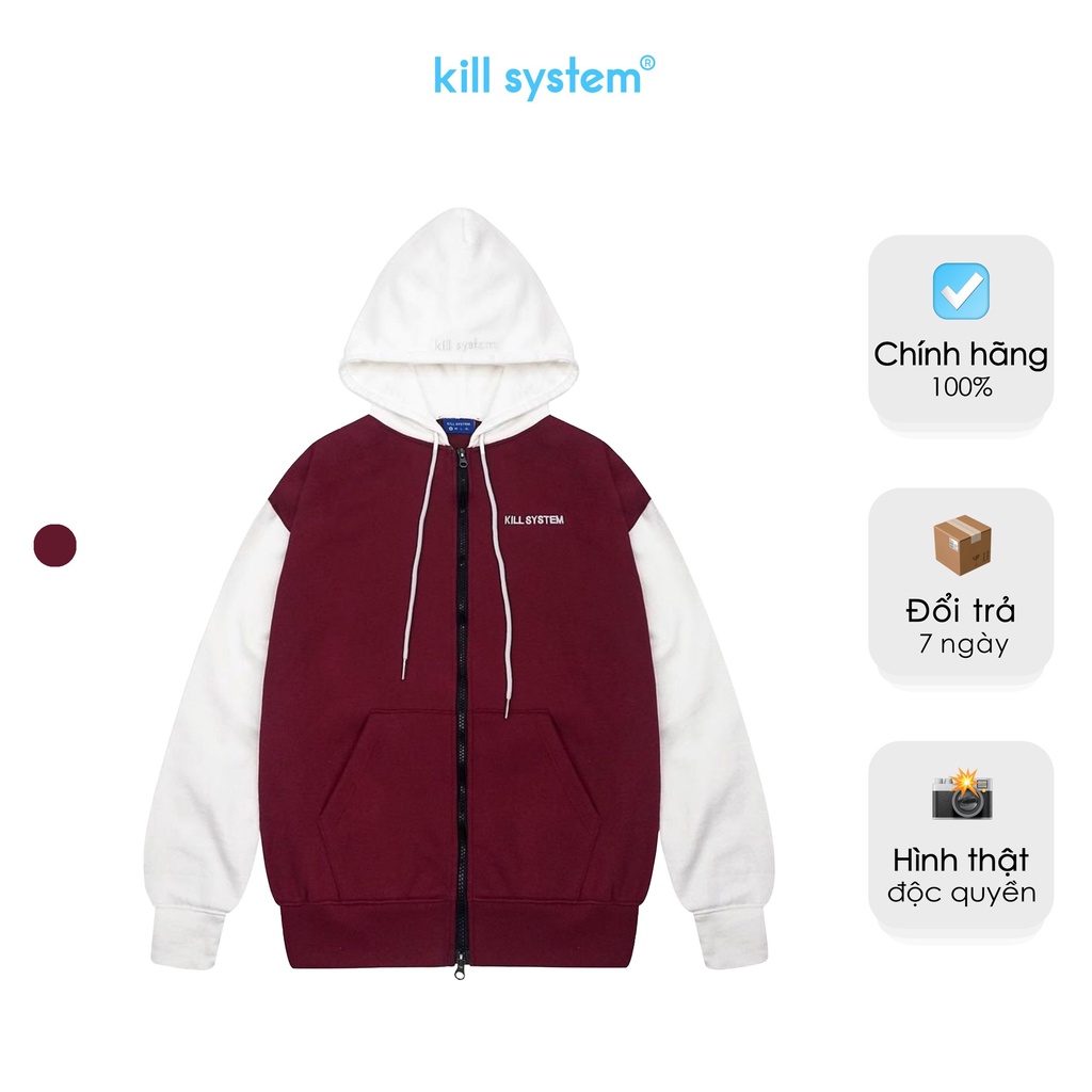 Áo khoác hoodie zip màu đỏ Kill System 22 MOOD oversize có nón nam nữ, vải nỉ bông tay ráp lăng unisex