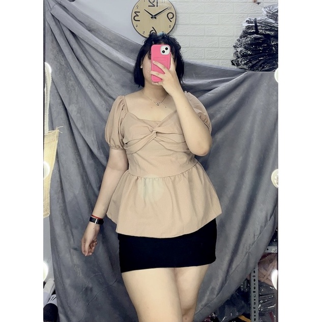 Áo babydoll kiểu dây chéo trước ngực, sau lưng nhún thun chất đũi xốp nữ bigsize (Ảnh mẫu chụp tại shop)