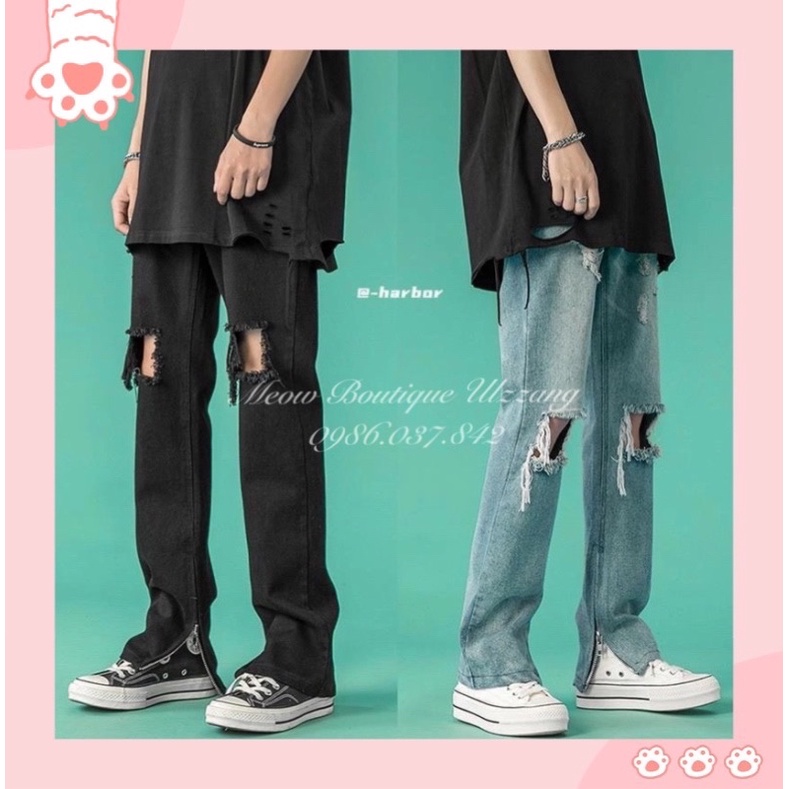 [OD] Quần jean suông quần baggy rách gối unisex nam nữ có khoá kéo ở ống quần tạo điểm nhấn kèm ảnh thật