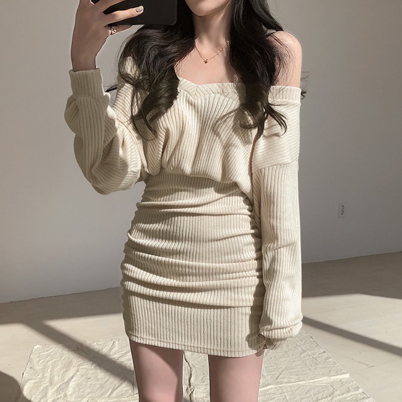 Váy body váy thu đông dài tay chất len nhún eo