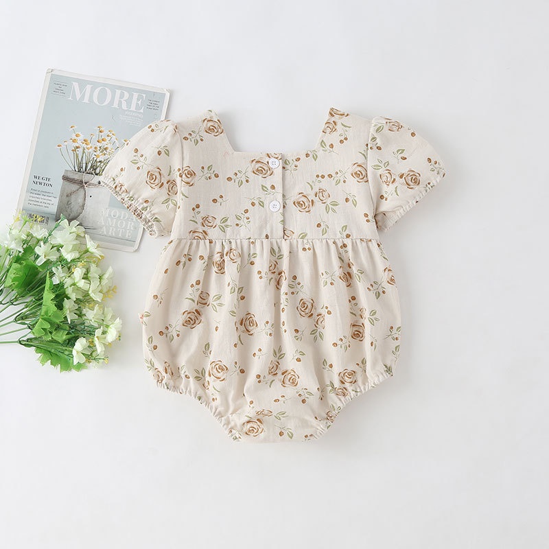 Bộ Áo Liền Quần Tay Phồng Chất Liệu Cotton Đính Nơ In Hoa Thời Trang Mùa Hè Cho Bé Gái Sơ Sinh