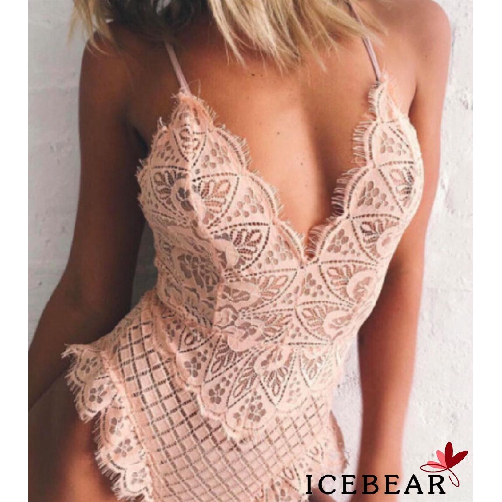 Bộ đồ lót liền thân màu trơn họa tiết ren hoa xuyên thấu gợi cảm cho nữ