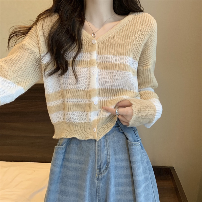 Áo cardigan SUXI dệt kim mỏng tay dài cổ chữ V dáng rộng họa tiết kẻ sọc phong cách cổ điển Hàn Quốc cho nữ