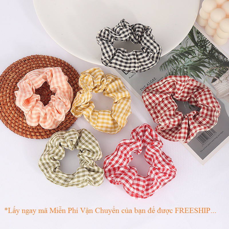 Scrunchies chun cột tóc hoạ tiết kẻ caro, chất vải dày dặn - Dây buộc tóc caro phong cách Hàn Quốc