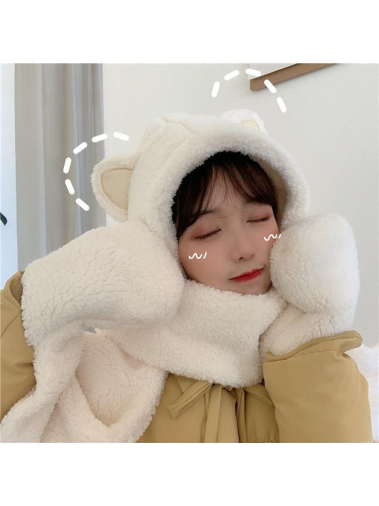 Khăn choàng lông nhung có mũ tai mèo và găng tay 3 trong 1