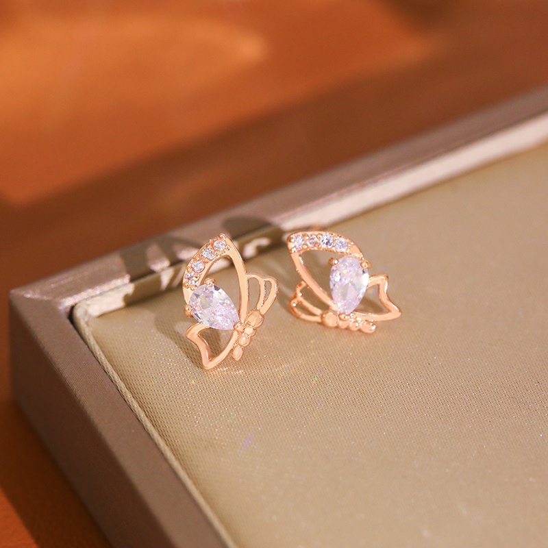 Bông tai JIUDUOLAN ruy băng đính đá zircon màu vàng hồng hình bướm tinh tế thời trang cho nữ
