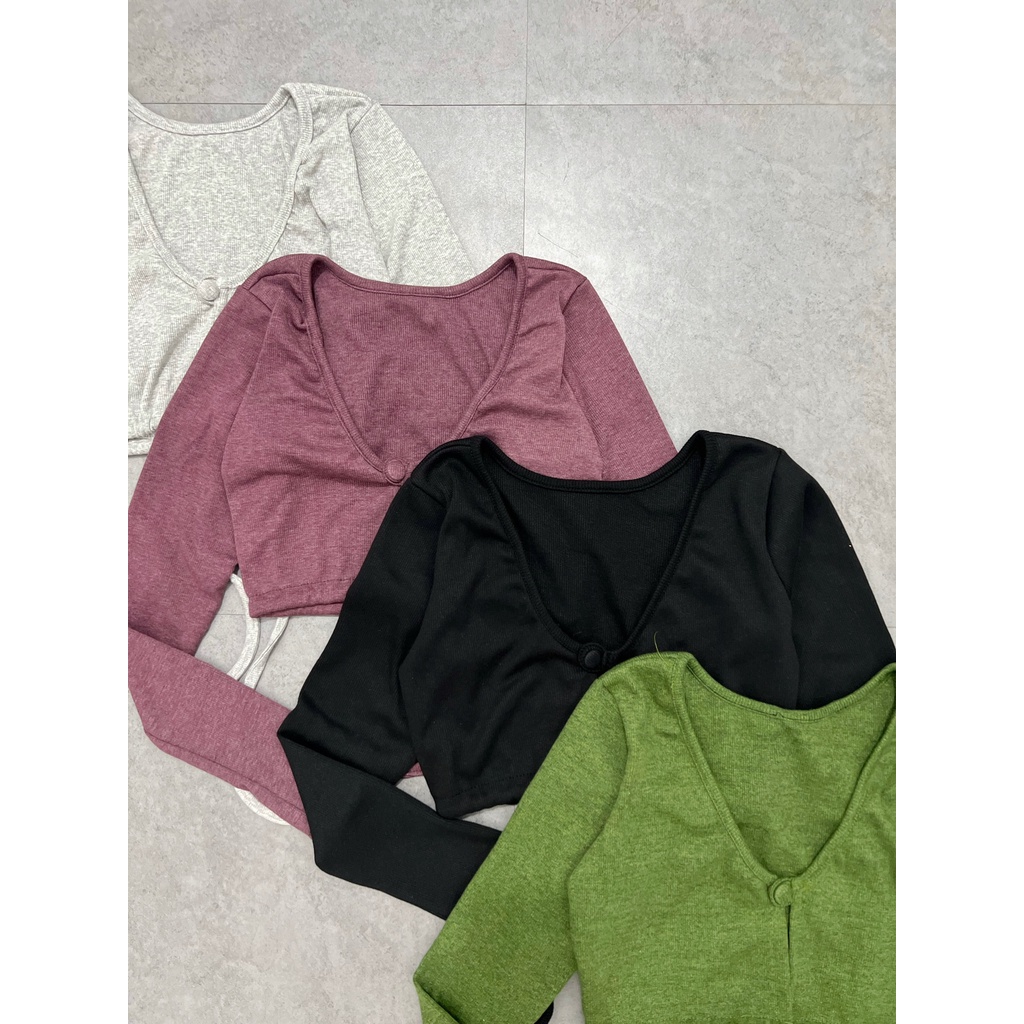 Áo croptop nữ tay dài HHVINTAGE kiểu cổ tim thắt eo thun gân co giãn A05