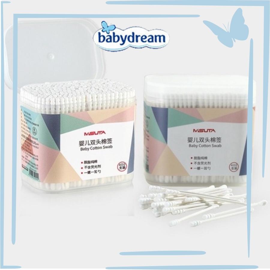 Tăm Bông Misuta Cho Bé Sơ Sinh Bông Tự Nhiên Hộp 400 Que Baby Dreams