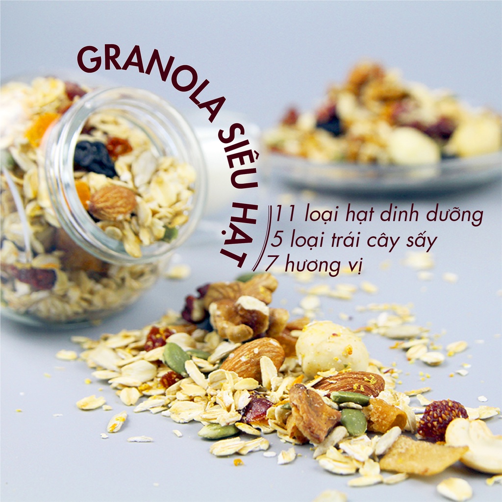 GRANOLA NGŨ CỐC 13 LOẠI HẠT &amp; TRÁI CÂY ăn vặt healthy cho người ăn kiêng ăn chay &amp; mẹ bầu bổ sung vitamin và khoáng chất