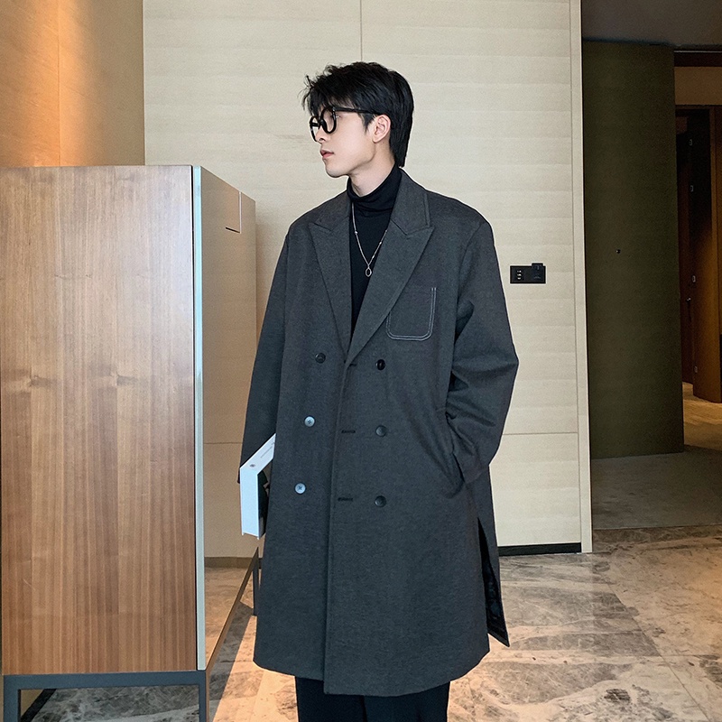 Áo khoác dạ măng tô dáng dài nam túi ngực Menstore90