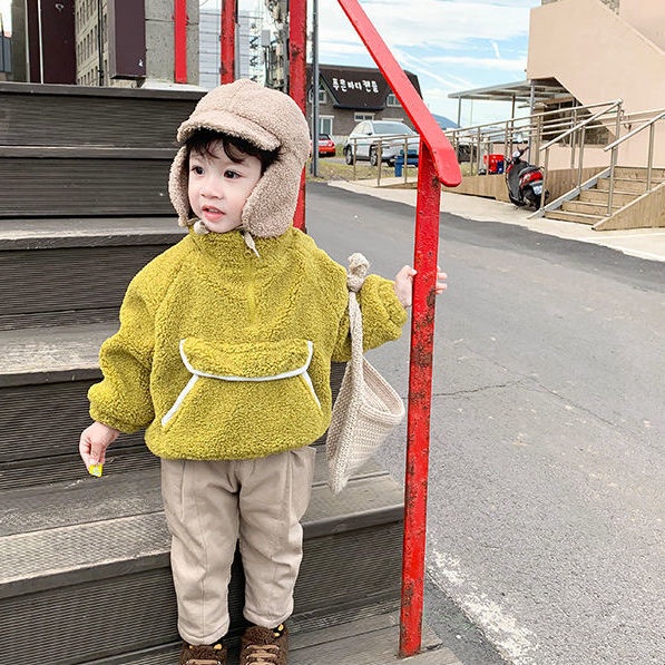 Hàng mới về Áo khoác chui đầu có mũ vải lông cừu thời trang mùa đông mới cho bé trai và bé gái 2021