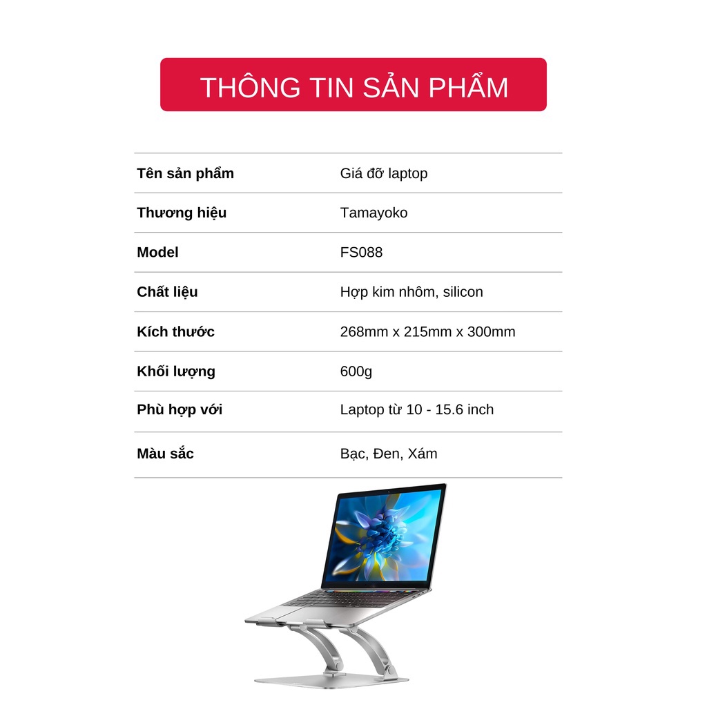 Giá Đỡ Máy Tính, Laptop, iPad, Macbook Tamayoko FS-088 Hợp Kim Nhôm Cao Cấp. Chống Mỏi Cổ, Vai, Gáy.