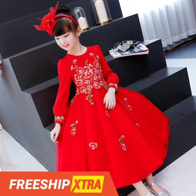 ĐẦM BÉ GÁI CÔNG CHÚA MÀU ĐỎ TAY DÀI PHỐI HOA THÊU CAO CẤP
