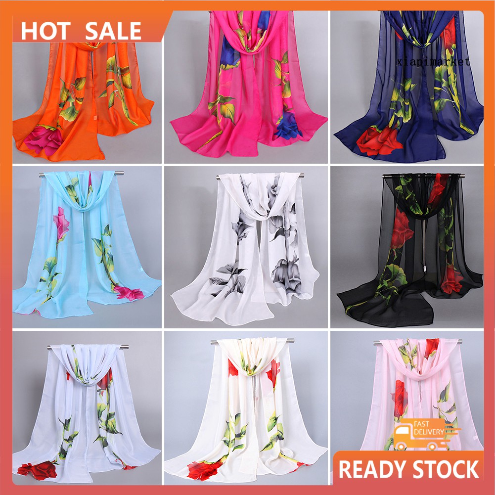 Phụ Kiện Trang Trí Xinh Xắn Chất Lượng|Khăn Choàng Nữ, Vải Chiffon, Dài Mềm, In Hình Hoa Hồng