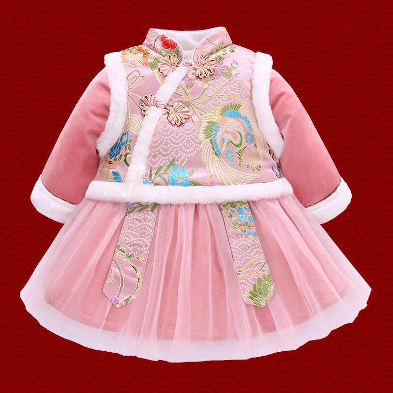 Vlinder Bé gái váy váy dày mùa đông Quần áo Tết cổ truyền của Trung Quốc bé gái thời trang quần áo trẻ em
