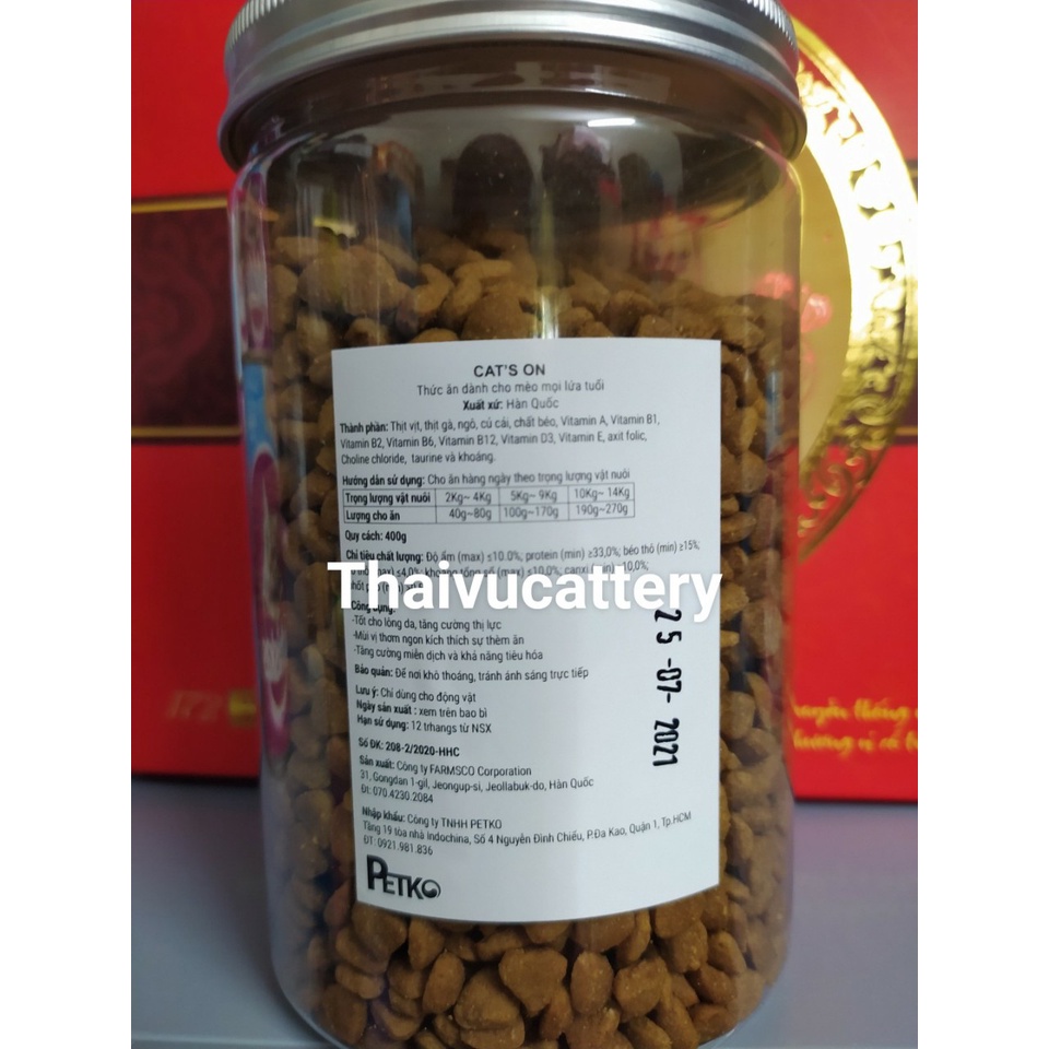 Thức ăn Cho Mèo Hạt Khô Cat On (Cat's On) Hàn Quốc- lon hãng 400gr