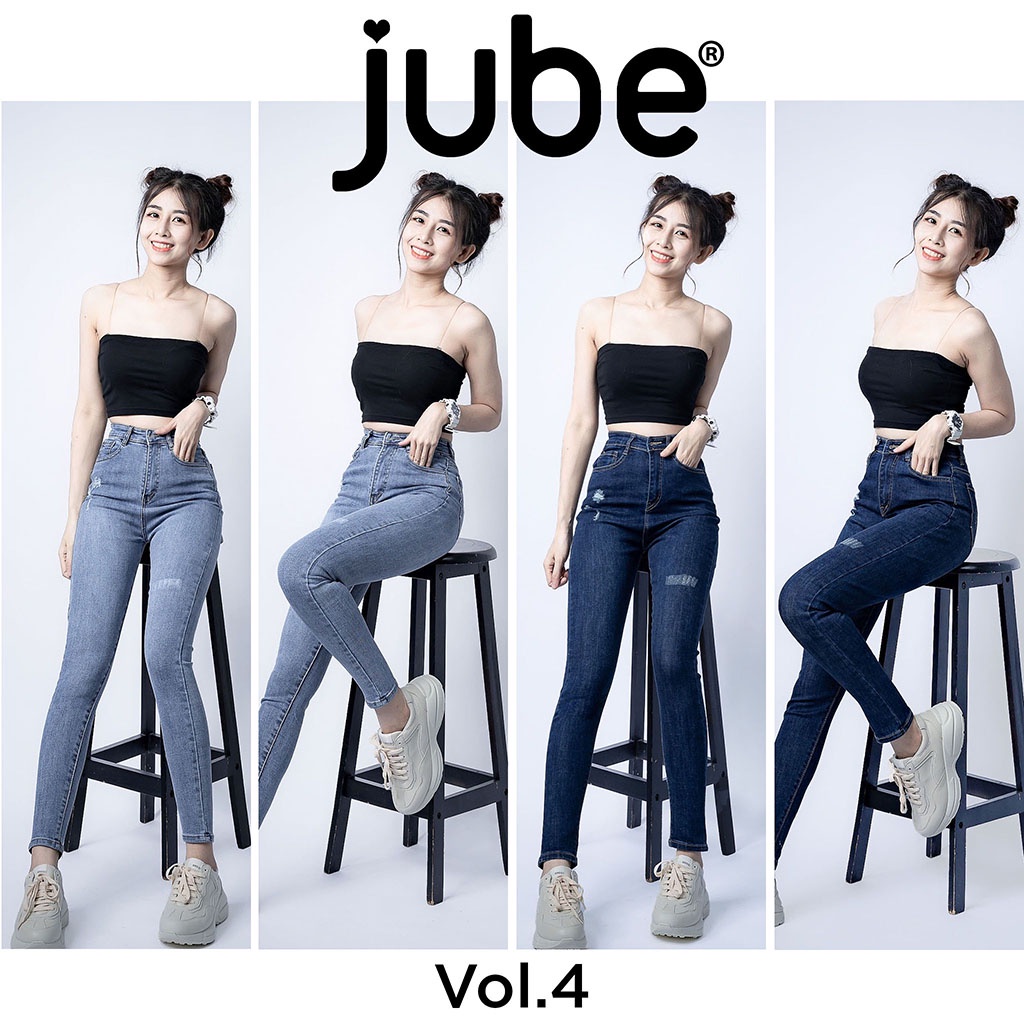 Quần Jean Nữ Lưng Cao JUBE Vol.4, Quần Bò Nữ Skinny Rách Nhẹ Phom Dài Vải Jean Co Giãn Hack Dáng, BST Signature Jeans