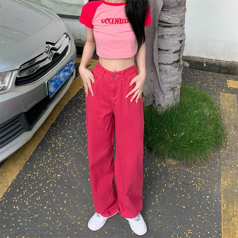 Quần jean dài SUXI lưng cao ống rộng màu sắc đơn giản phong cách trẻ trung thời trang cho nữ