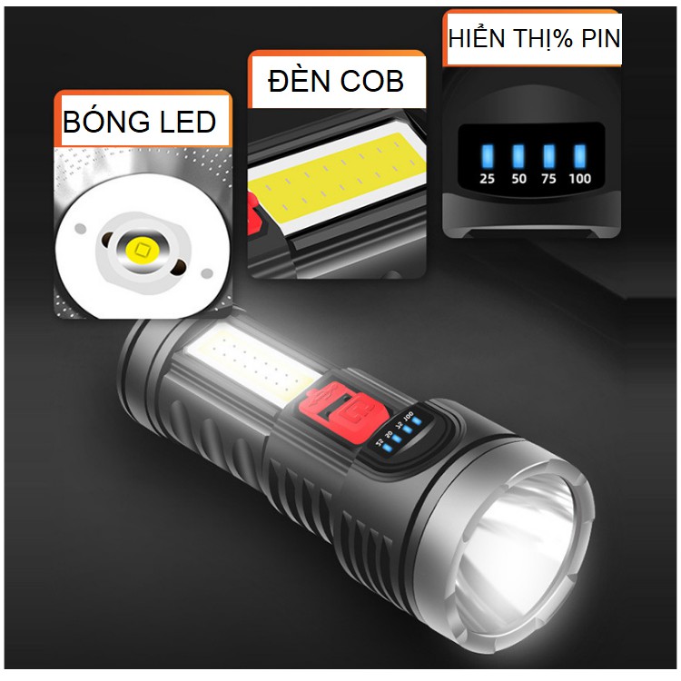 Đèn pin sạc cầm tay mini 10W có đèn COB đèn có pin sạc kèm dây sạc