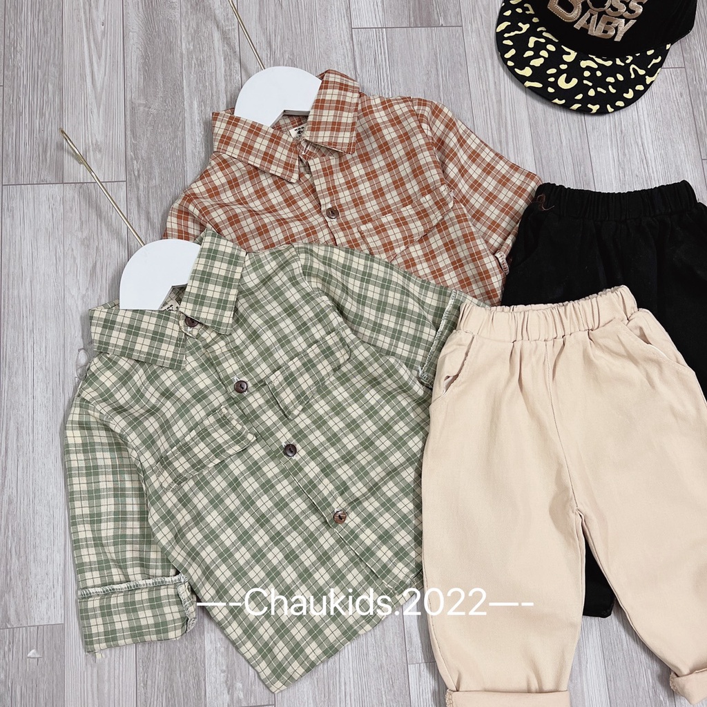 [SALE] Bộ Quần Áo Cho Bé Trai Vải Thô Hoạ Tiết Kẻ Sọc Túi Ngực, Áo Sơ Mi Cho Bé Trai Mặc Đi Chơi, Đi Học CKTD02